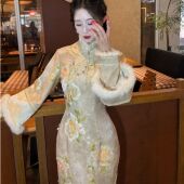 画报夫人原创自制厚款 针织水貂毛秋冬旗袍 芍药花旗袍