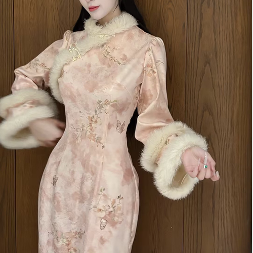 画报夫人原创自制厚款金线蕾丝温柔兔毛旗袍 菊芬