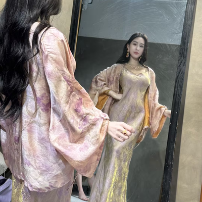 LHMknk1画报夫人原创高级魏晋褶衣改良汉服中式花粉色浮光锦外套