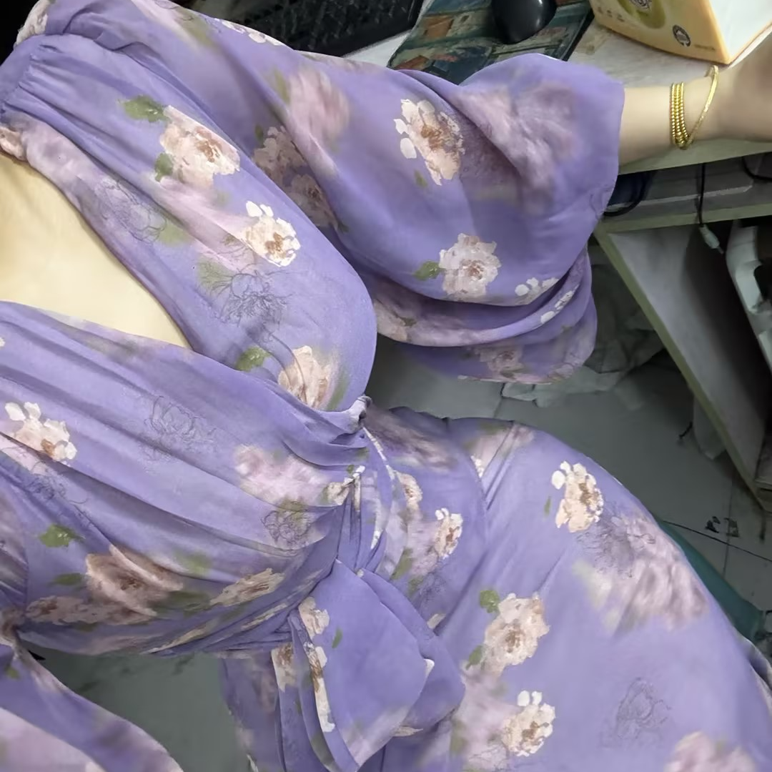 画报夫人原创自制春款碎花裙喇叭袖连衣裙 屿紫神明少女