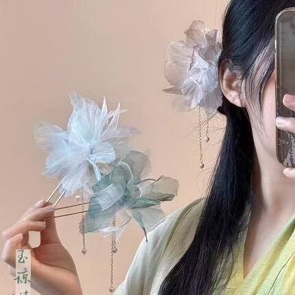 渐变纱花花朵流苏甜美超仙国风发钗簪子女古风绢花多层立体发饰潮