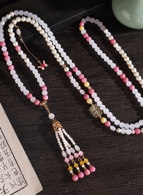 中式珍珠流苏汉服旗袍长款毛衣链