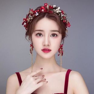 新款敬酒服头饰简单大气超仙美新娘结婚红色森系礼服配饰中式