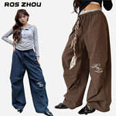 ROS 运动跳舞神裤 ZHOU美式 复古黑科技抗皱棉速干运动弯刀阔腿裤