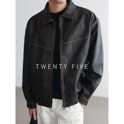 TWENTY FIVE｜做旧擦色线条设计感PU皮衣男秋季廓形松弛夹克外套