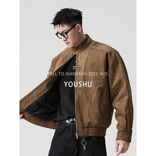 白鸭绒美式复古立领拼接羽绒服男2025冬季新款飞行夹克潮牌外套