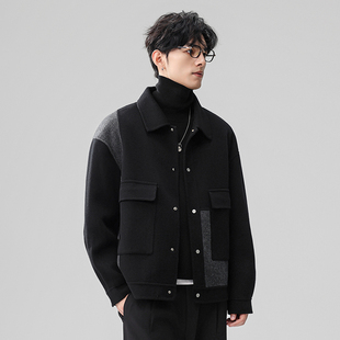 拼接短款 冬季 保暖呢子外套 绵羊毛双面毛呢大衣男25新款 DUCHI男装