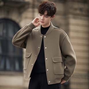 立领棒球服夹克男士春秋季2024新款高级感非羊绒双面呢子外套冬装