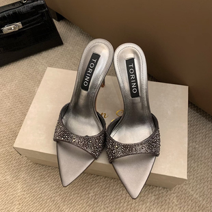 杨树林新款尖头细跟高跟凉鞋女露趾绸缎水钻名媛一字带凉拖鞋