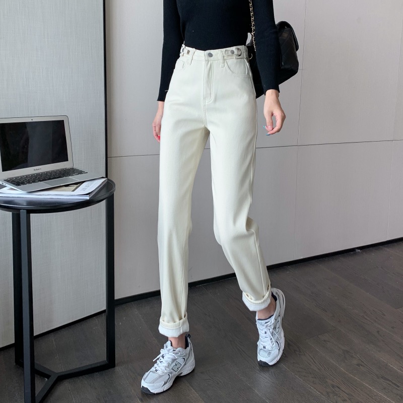 Real shot real price Plush jeans women's loose straight tube 2020 new high waisted and skinny Harlem daddy radish pants