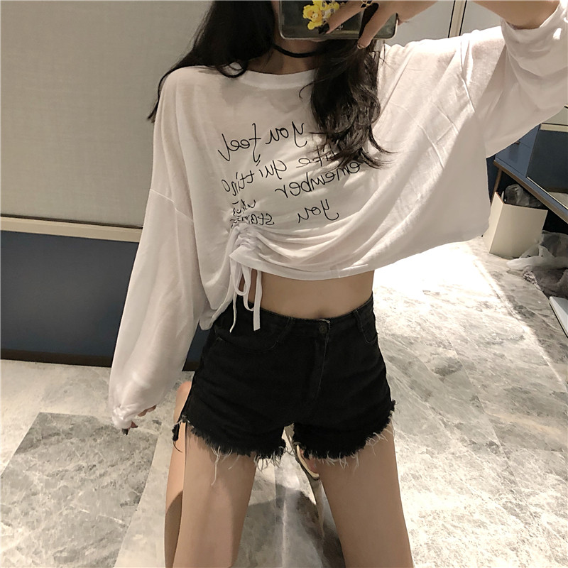 Real price Hong Kong style retro thin short letter sunscreen shirt long sleeve open navel T-shirt women's drawstring pleated top