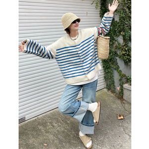 法式撞色条纹圆领马海毛针织开衫女装秋季软糯慵懒风毛衣外套上衣