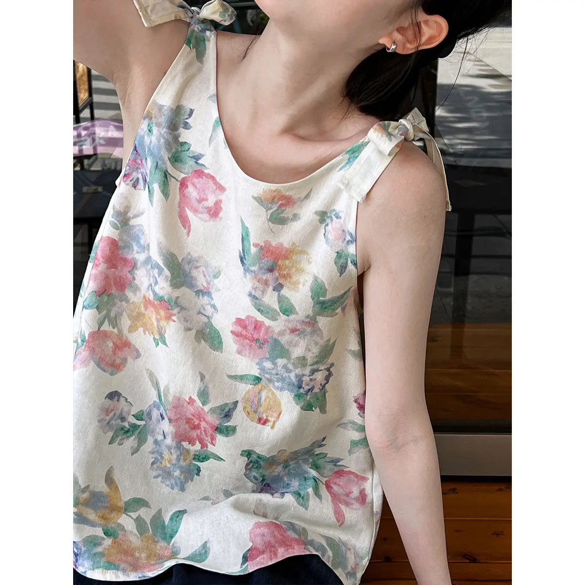 鹿西 直喷工艺~ 油画花朵棉麻系带无袖娃娃衫背心吊带上衣女8670