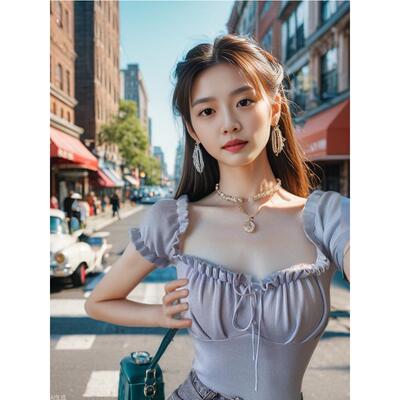时尚别致锁骨感一字肩上衣女夏季