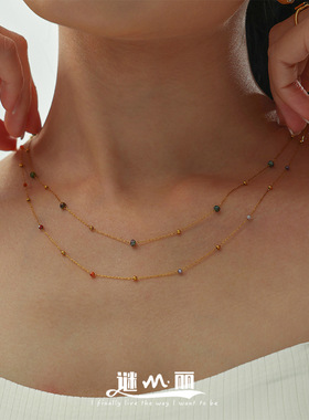 谜丽 法式浪漫不锈钢2mm天然石切面超细十字链手工串珠项链饰品女