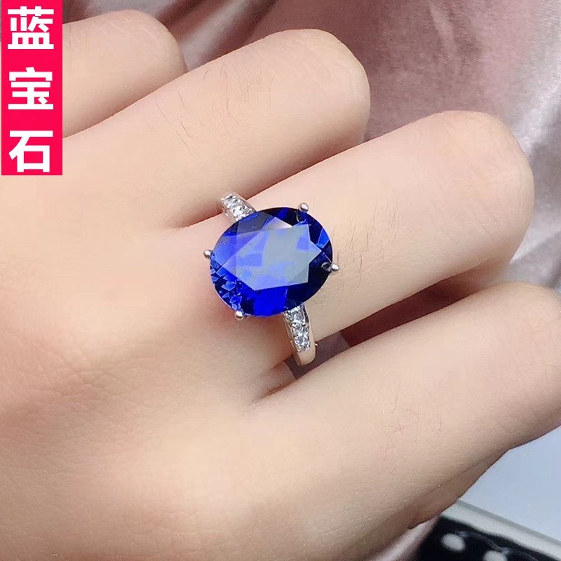 斯里兰卡蓝宝石戒指女款纯银镀24K白金坦桑石女戒指钻戒活口