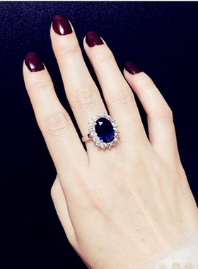 5A级斯里兰卡坦桑石戒指女款纯银镀24K白金蓝宝石女戒指钻戒活口