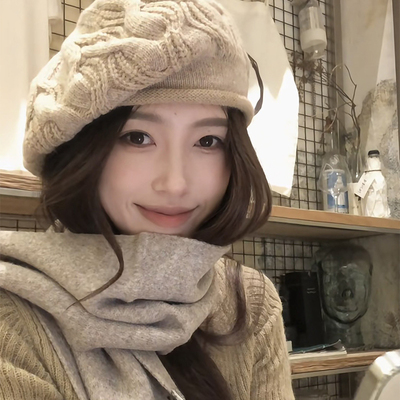 MUSTKOO玛诗杜日系钩花纹贝雷帽女复古针织包头帽冬季毛线帽7966