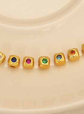 18k包金保色哑金镶锆石正方粒4.5mm隔珠孔珠手链项链diy饰品配件