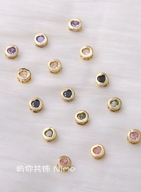 14k包金保色配件镶嵌爱心形锆石圆形小吊坠diy饰品手链项链散珠