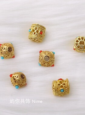 18K哑金保色锆石圆柱镂空花纹圆珠散珠DIY手链项链配珠隔珠串珠