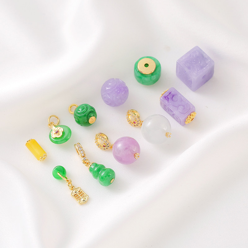 天然干青玉紫玛瑙紫翡黄翡四面花方块云纹圆隔珠diy手链项链配件