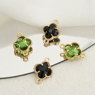 14K包金水晶锆四叶草双吊手工diy珍珠手链配件项链吊饰耳环材料