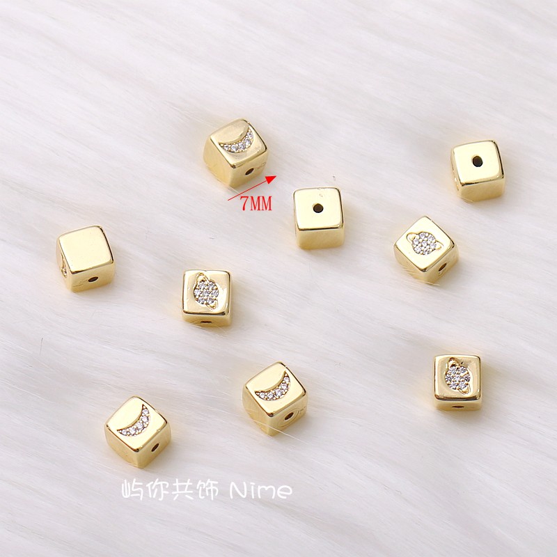 铜镀真金微镶锆石正方形方块珠方珠月亮星球DIY饰品配件