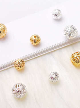 14K铜镀金保色18K银色6/8mm镂空珠圆珠隔珠diy手链项链散珠珠子