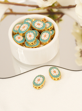 18K包金保色新中式景泰蓝薄荷绿荷叶荷花扁隔珠diy手链项链配件