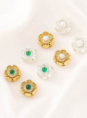 铜镀14K包金保色天然绿玛瑙锆石莲花隔珠手工DIY串珠配件材料饰品