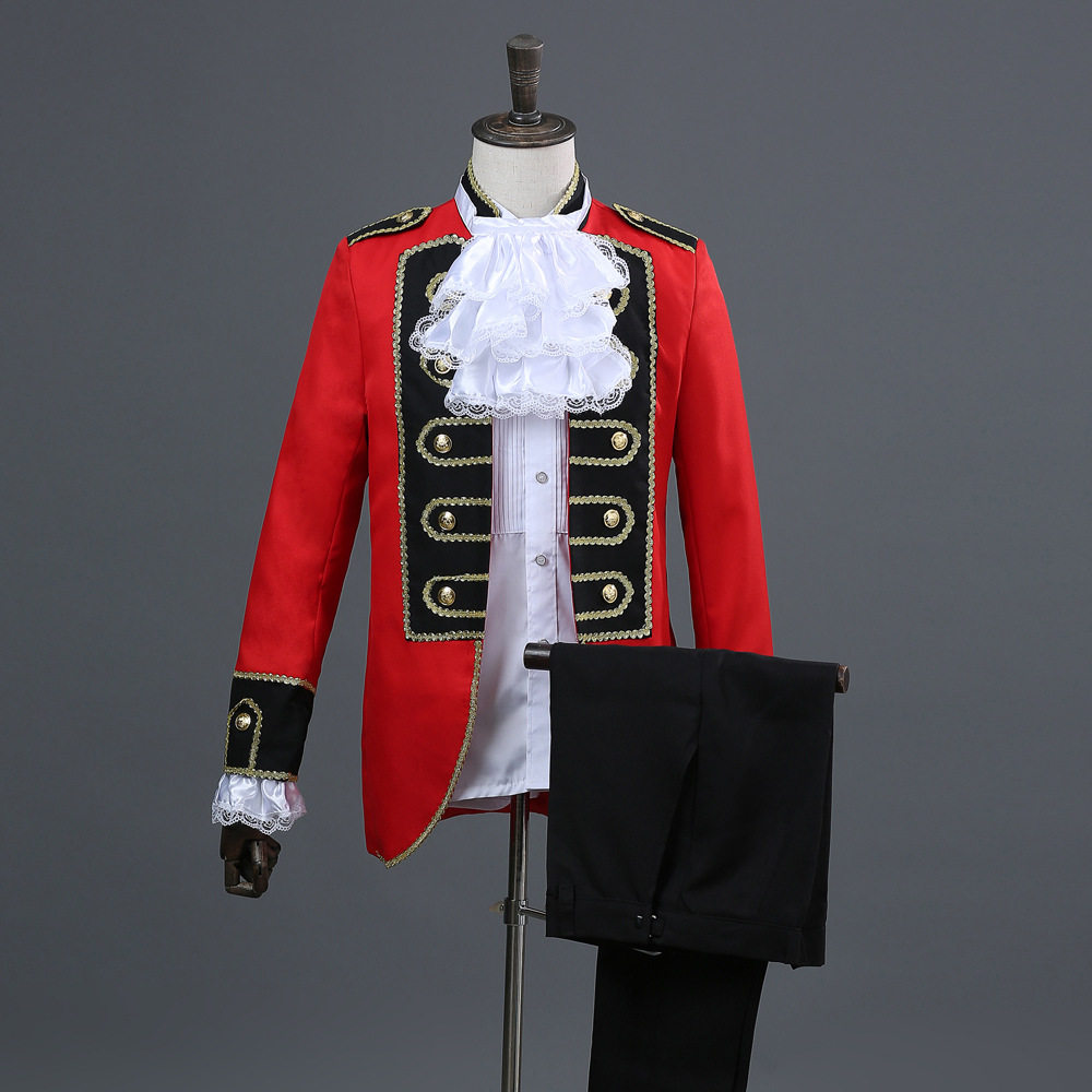 EUROPEAN COURT STYLE RED PRINCE CHARMING PERFORMANCE UNIFORM MALE MILITARY DRESS EPAULETTE HANDSOME SINGER SKIT PROP UNIFORM