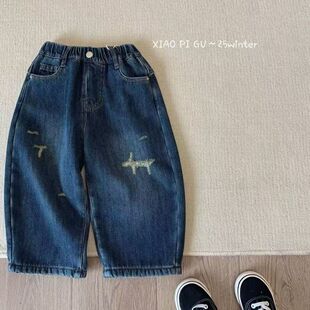 男童软牛仔复合加厚一体绒冬款设计感破洞韩版潮酷痞帅儿童休闲裤