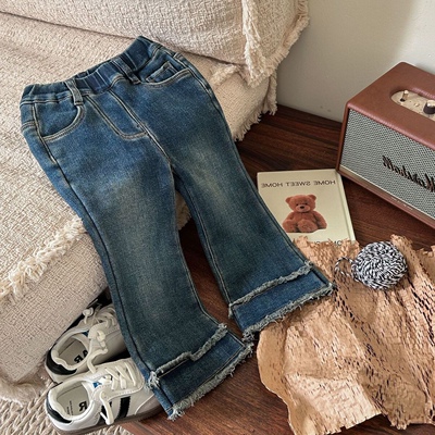 女童加绒牛仔喇叭裤一体绒加厚秋冬2025新款洋气宝宝冬装儿童裤子