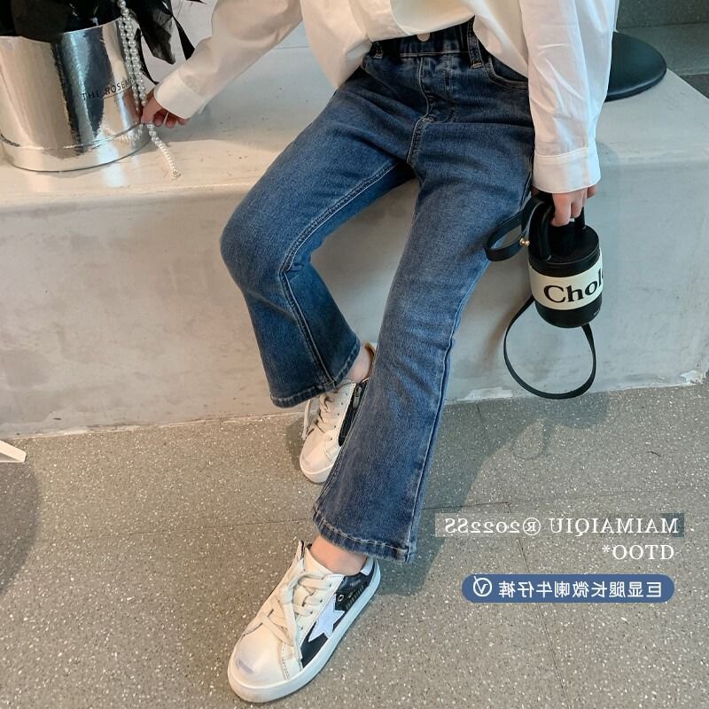 女童牛仔裤2025春秋洋气新款复古蓝色微喇裤子儿童修身百搭长裤潮
