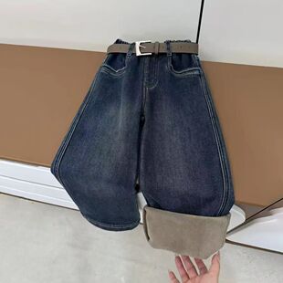 女童加绒牛仔裤2025加厚秋冬新款中大童儿童宽松洋气一体裤子