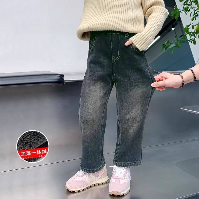 女童加绒直筒牛仔裤2025新款洋气冬季小女孩休闲长裤加厚儿童秋冬