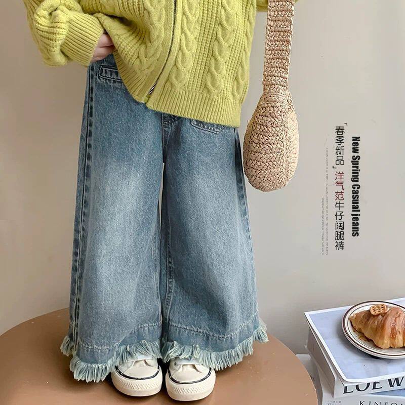 女童裤子2026春装新款女孩修身长裤显高阔腿裤春季儿童毛边牛仔裤