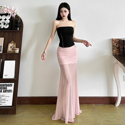 清冷感纯欲纯色网纱拼接半身裙女