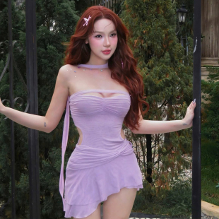 柔美海棠紫雾 法式 扭结设计不规则荷叶边抹胸连衣裙女夏 Sisjuly