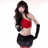 女秋 桃心密爱不规则绑带斜肩露背上衣 Sisjuly 毛绒短裙性感套装