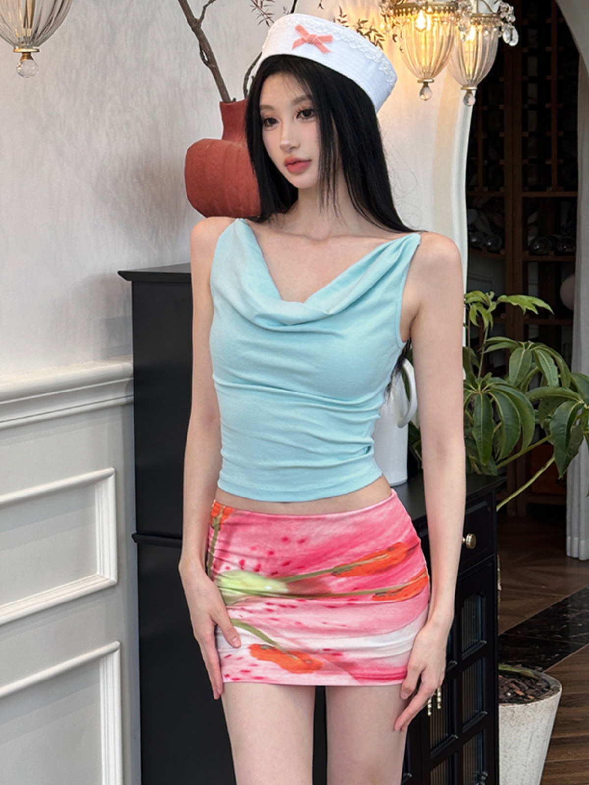 #Sisjuly# Set casual da donna con gonna a mezza lunghezza, stile dipinto a olio, con colletto appeso e gilet color caramella macaron per ragazza dolce_voghion.com