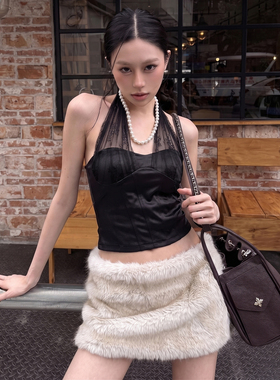 #Sisjuly#韩流sexy gal纯欲气质小众网纱拼接性感修身挂脖吊带女