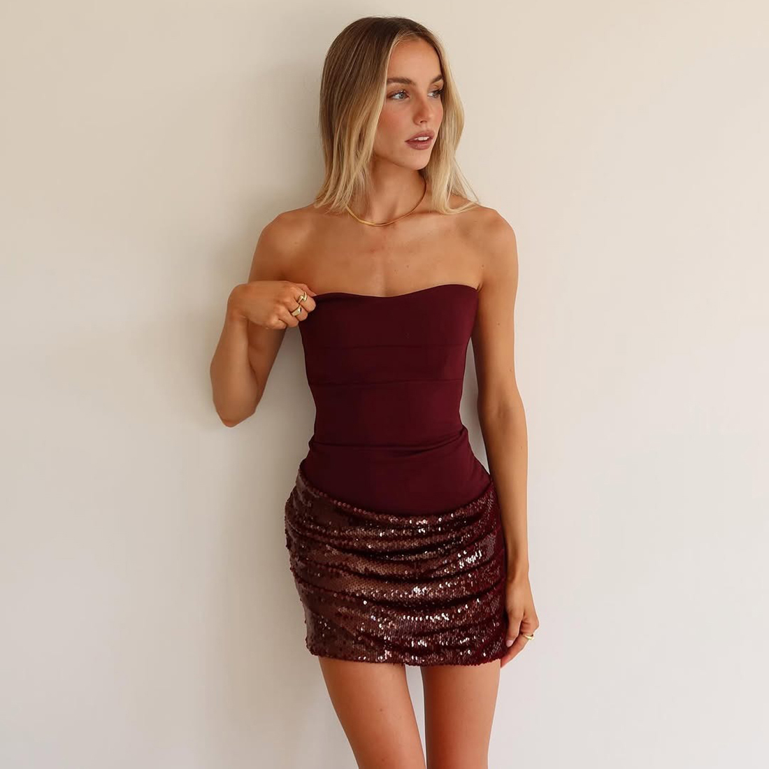 重工亮片拼接设计修身抹胸连衣裙