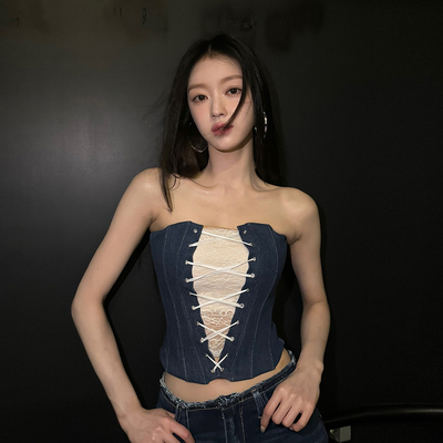 辣妹拼接蕾丝交叉绑带背心抹胸女