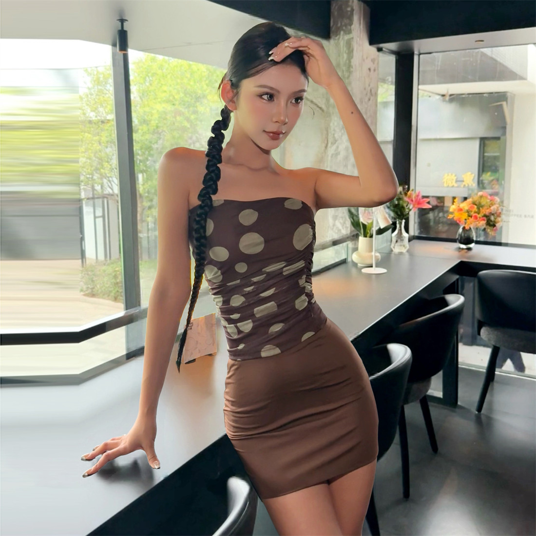 #Sisjuly#港味高街复古波点印花修身抹胸 高腰包臀超短裙套装女夏
