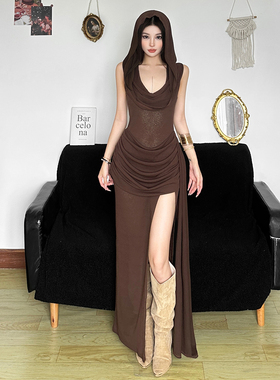 #Sisjuly#复古沙丘废土风 连帽开叉设计褶皱透视感背心连衣裙女夏