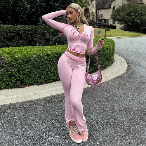 字母印花连帽外套修身长裤套装女