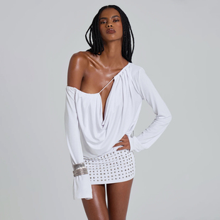 铆钉镶嵌宽松垂感sexy荡领长袖 潮流热捕手小众 连衣裙女 Sisjuly