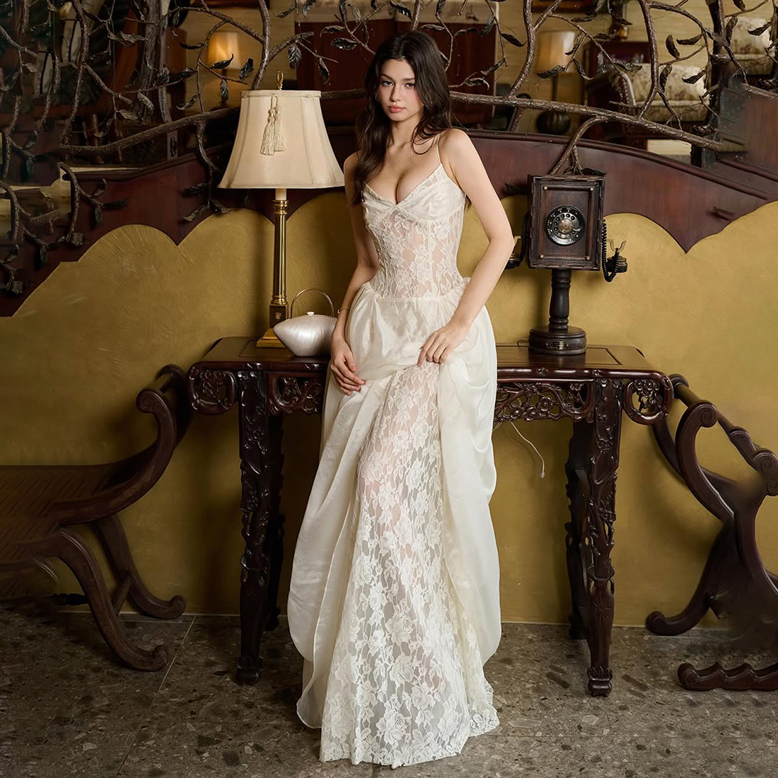 蕾丝拼接透视感飘纱吊带连衣裙女